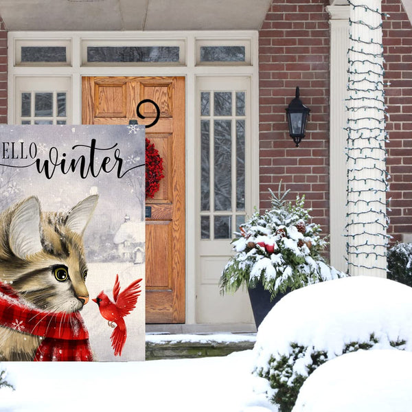 Winter Cat Garden Flag 12x18 Vertical 1 Sided Cardinal Bird Snow Christmas Holiday