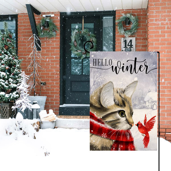 Winter Cat Garden Flag 12x18 Vertical 1 Sided Cardinal Bird Snow Christmas Holiday
