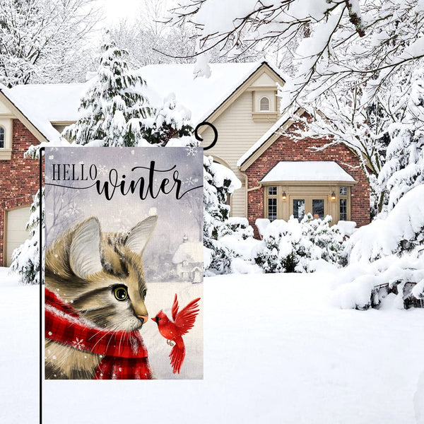 Winter Cat Garden Flag 12x18 Vertical 1 Sided Cardinal Bird Snow Christmas Holiday