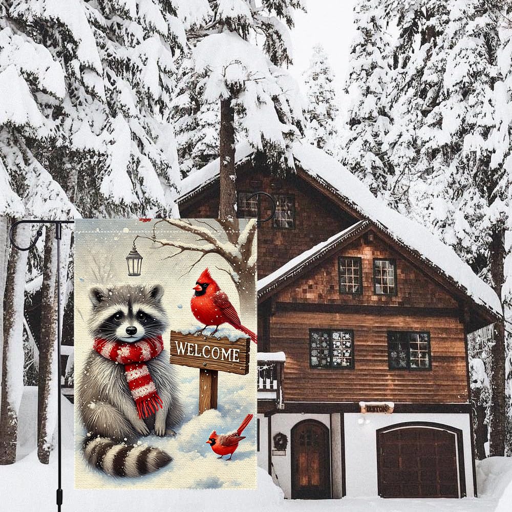 Winter Garden Flag 12x18 Inch 1 Sided Burlap Welcome Raccoon Cardinal Snow Outdoor