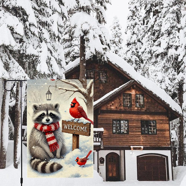 Winter Garden Flag 12x18 Inch 1 Sided Burlap Welcome Raccoon Cardinal Snow Outdoor