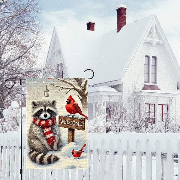 Winter Garden Flag 12x18 Inch 1 Sided Burlap Welcome Raccoon Cardinal Snow Outdoor