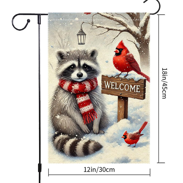 Winter Garden Flag 12x18 Inch 1 Sided Burlap Welcome Raccoon Cardinal Snow Outdoor