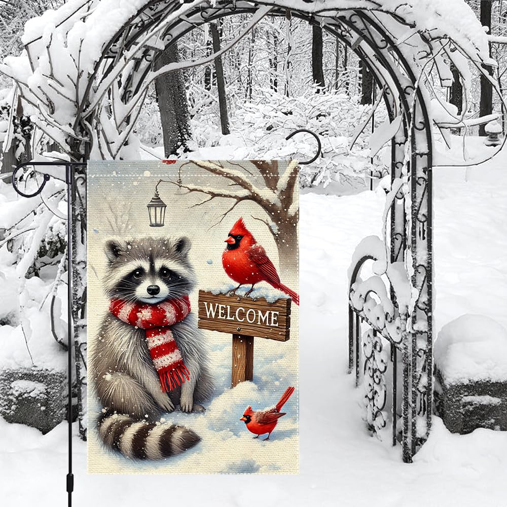 Winter Garden Flag 12x18 Inch 1 Sided Burlap Welcome Raccoon Cardinal Snow Outdoor