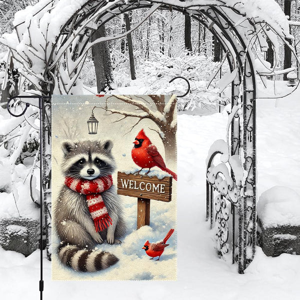 Winter Garden Flag 12x18 Inch 1 Sided Burlap Welcome Raccoon Cardinal Snow Outdoor