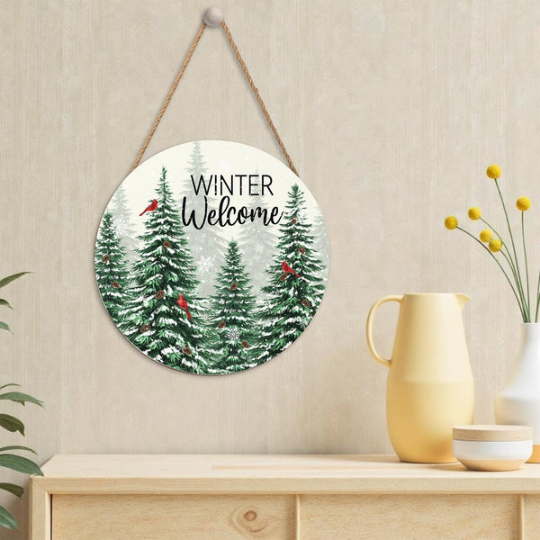 Winter Welcome Sign for Front Door Christmas Cardinal Bird Wood Door Hanger for Outdoor Outside Porch Snowflake Pine Trees Round Hanging Signs