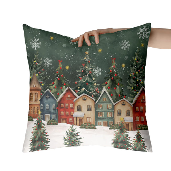 Christmas Pillow Cover 18x18 Set of 2 Winter Xmas Tree Wonderland Forest Village Town House Snowflake