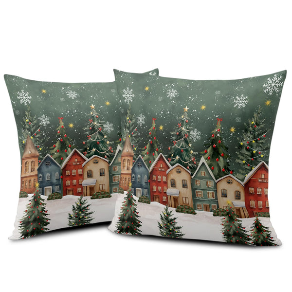 Christmas Pillow Cover 18x18 Set of 2 Winter Xmas Tree Wonderland Forest Village Town House Snowflake