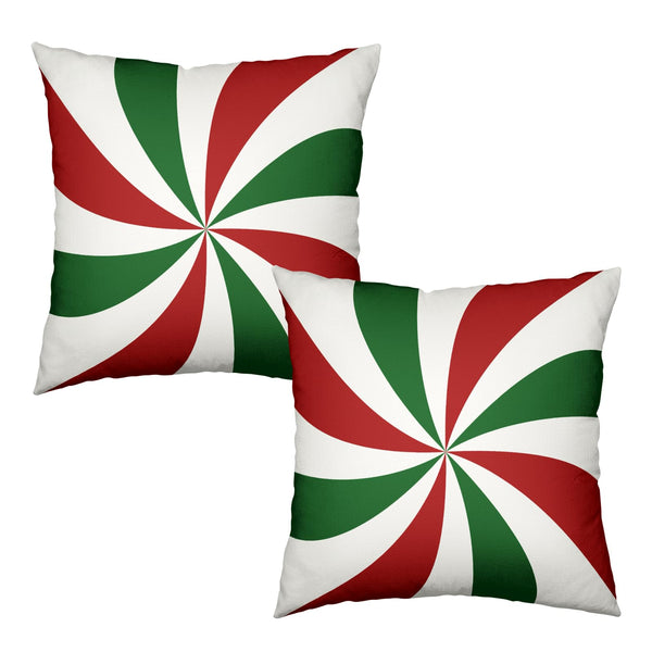 Xmas Candy Throw Pillow Covers 18x18 Set of 2 Red Green White Swirl Stripe Christmas Decorative