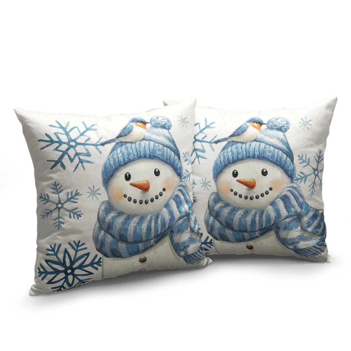 Blue Snowman Winter Pillow Covers 18x18 Set of 2 Christmas Snowflakes Bird