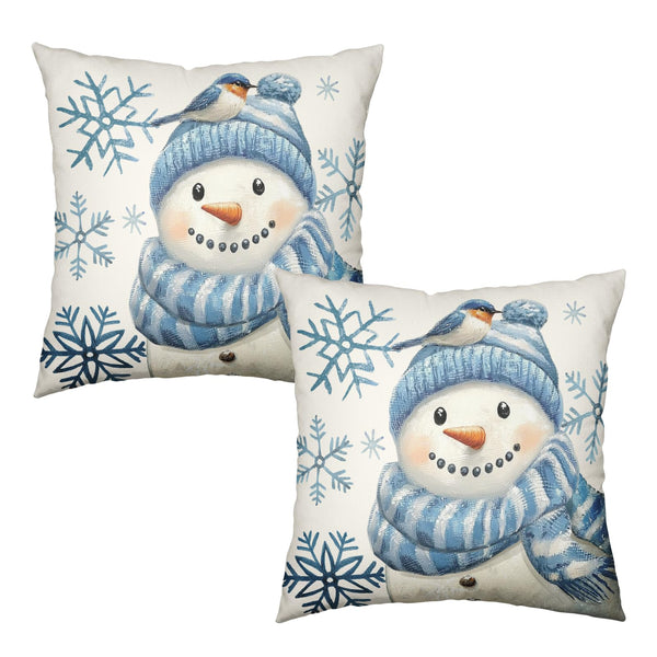 Blue Snowman Winter Pillow Covers 18x18 Set of 2 Christmas Snowflakes Bird