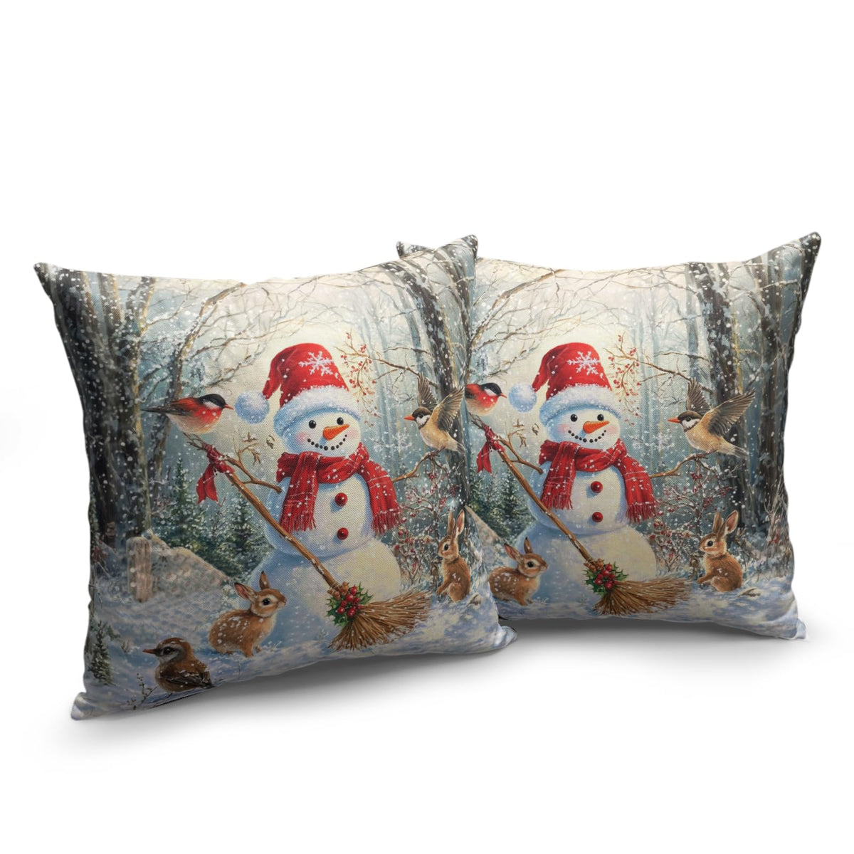 Winter Snowman Throw Pillow Covers 18x18 Set of 2 Christmas Snowflakes Cardinal Birds Animal