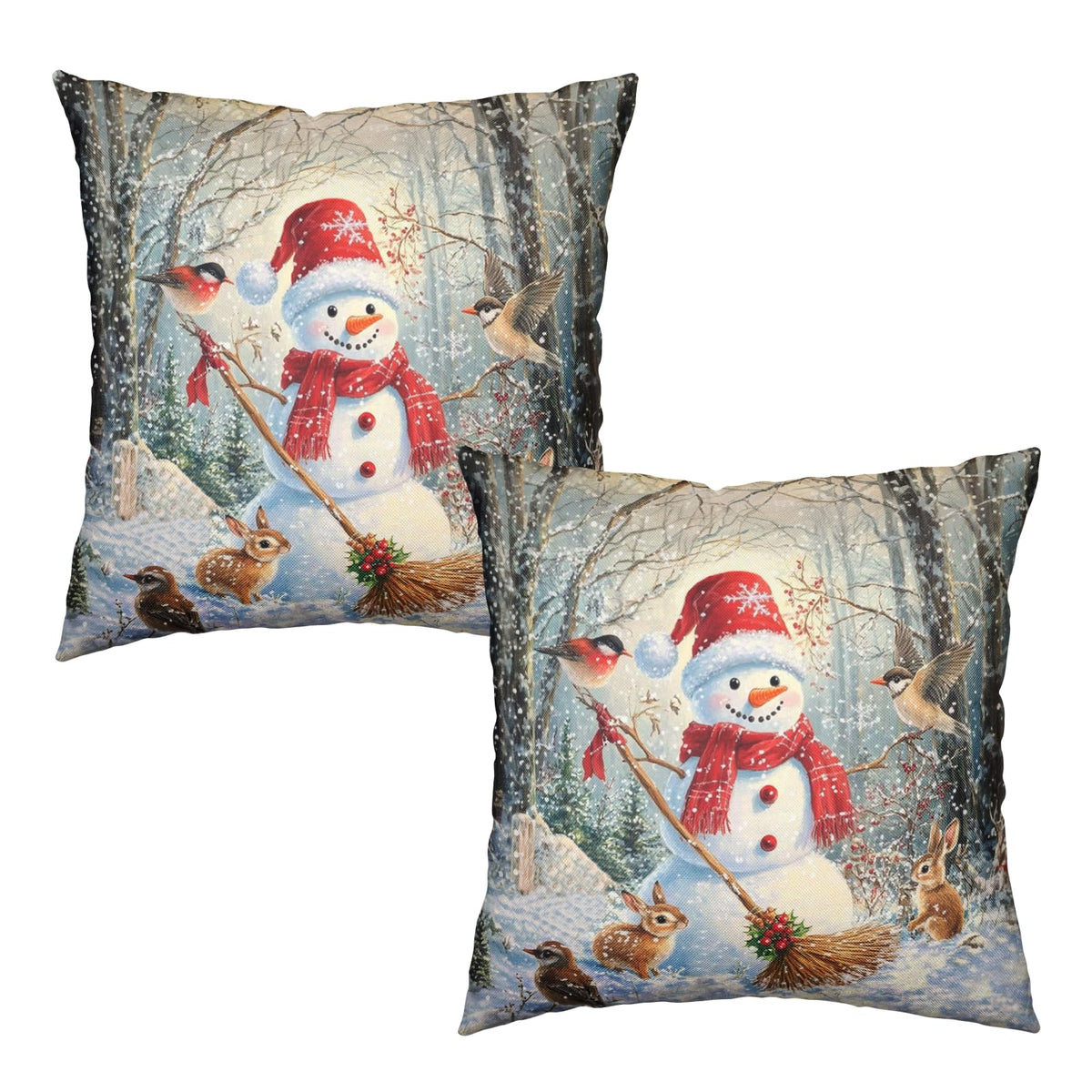 Winter Snowman Throw Pillow Covers 18x18 Set of 2 Christmas Snowflakes Cardinal Birds Animal
