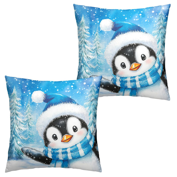Winter Penguin Blue Pillow Covers 18x18 Set of 2 Christmas Penguins Snowflake Pine Tree