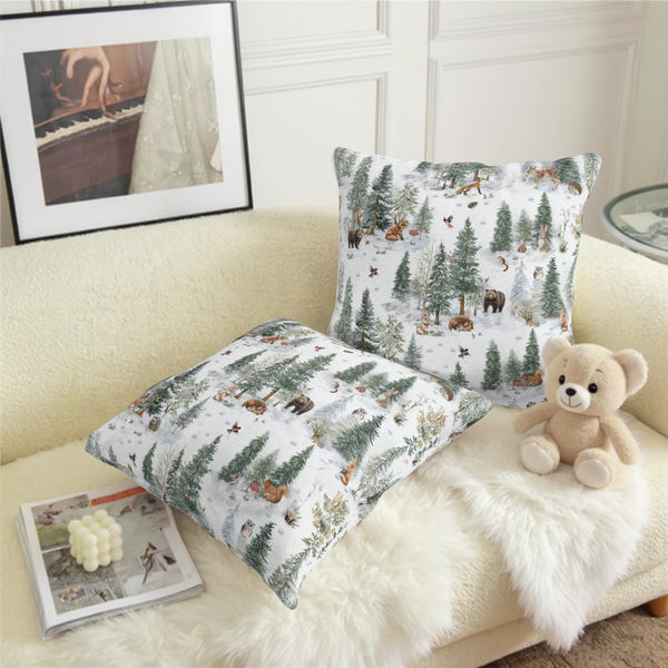 Winter Pillow Covers 18x18 Set of 2 Vintage Rustic Forest Pine Tree Snow Animals Print