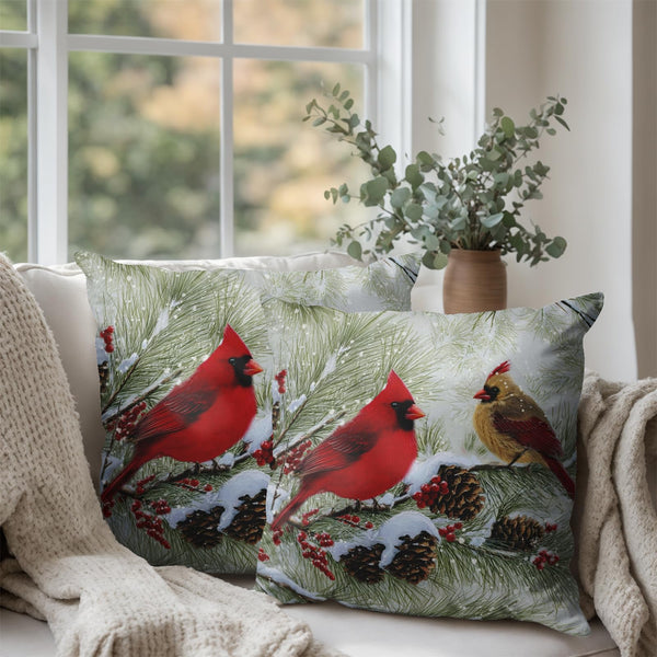 Winter Throw Pillow Covers 18x18 Set of 2 Red Birds Cardinal Pillow Cases Holly Pine Cone Snow