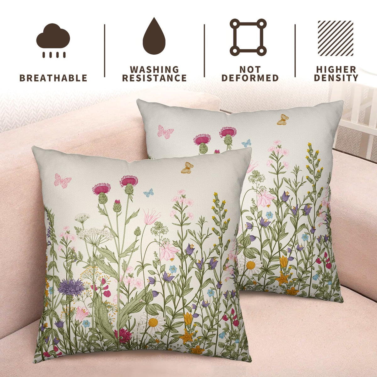 Spring Vintage Floral Pillow Covers 18x18 Set of 2 Sage Green Wildflower Plant