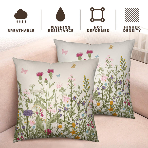 Spring Vintage Floral Pillow Covers 18x18 Set of 2 Sage Green Wildflower Plant