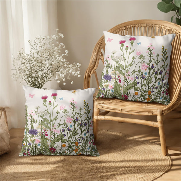 Spring Vintage Floral Pillow Covers 18x18 Set of 2 Sage Green Wildflower Plant