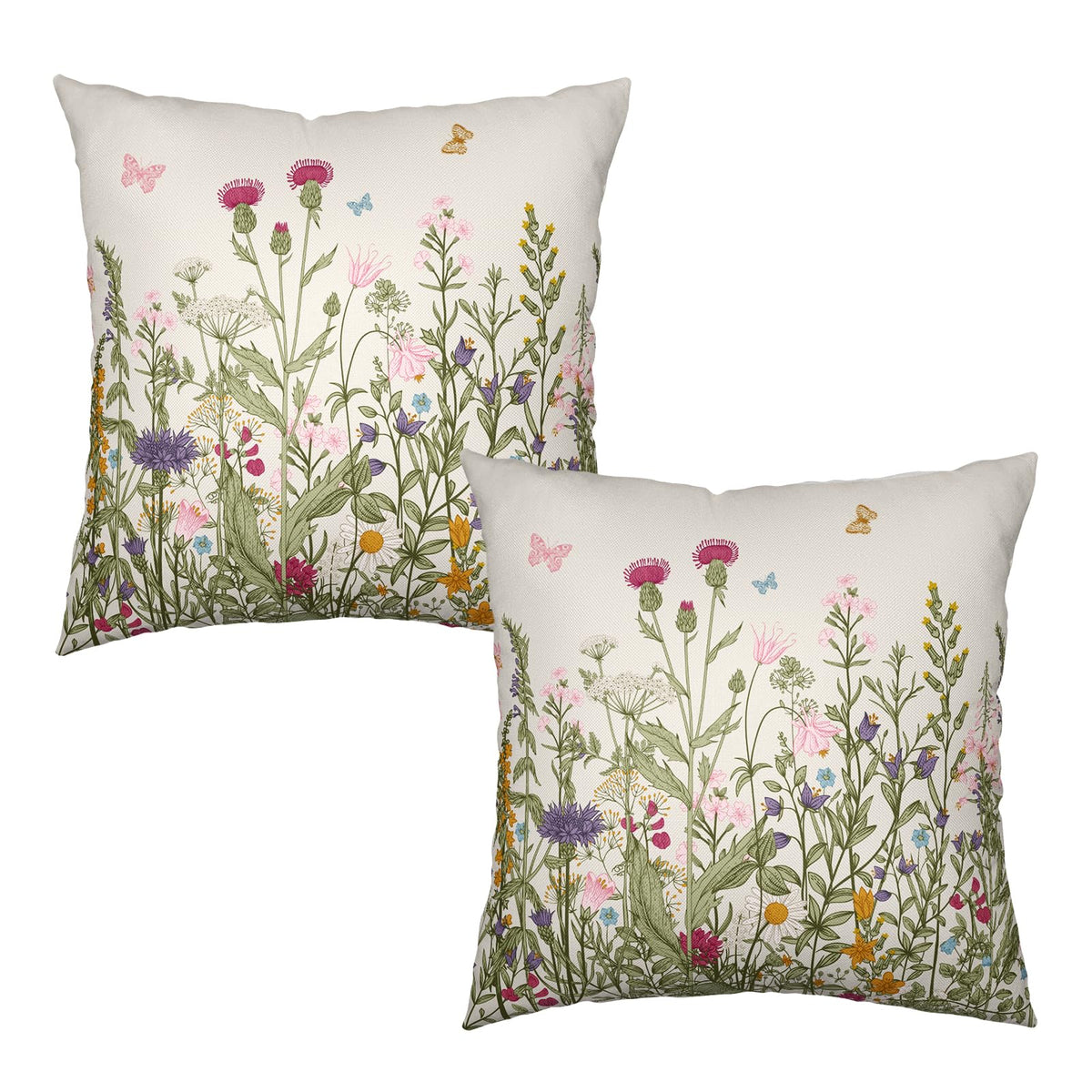 Spring Vintage Floral Pillow Covers 18x18 Set of 2 Sage Green Wildflower Plant