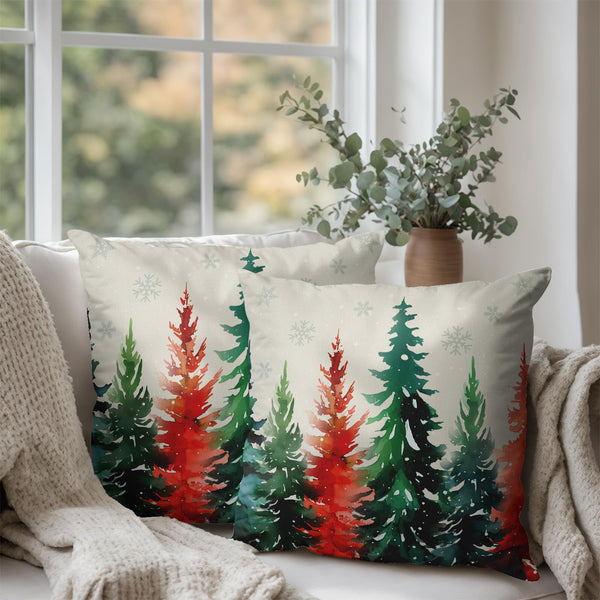 Red Green Christmas Tree Throw Pillow Covers 18x18 Set of 2 Winter Watercolor Pine Trees