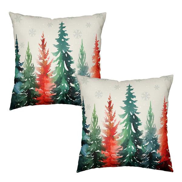 Red Green Christmas Tree Throw Pillow Covers 18x18 Set of 2 Winter Watercolor Pine Trees