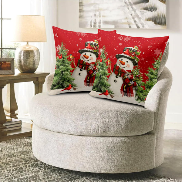 Snowman Christmas Red Throw Pillow Covers 18x18 Set of 2 Winter Snow Snowman Pine Tree Bird Print