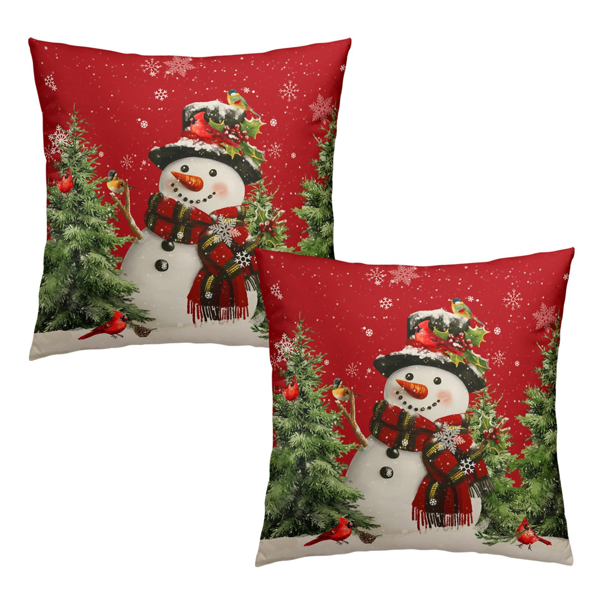 Snowman Christmas Red Throw Pillow Covers 18x18 Set of 2 Winter Snow Snowman Pine Tree Bird Print