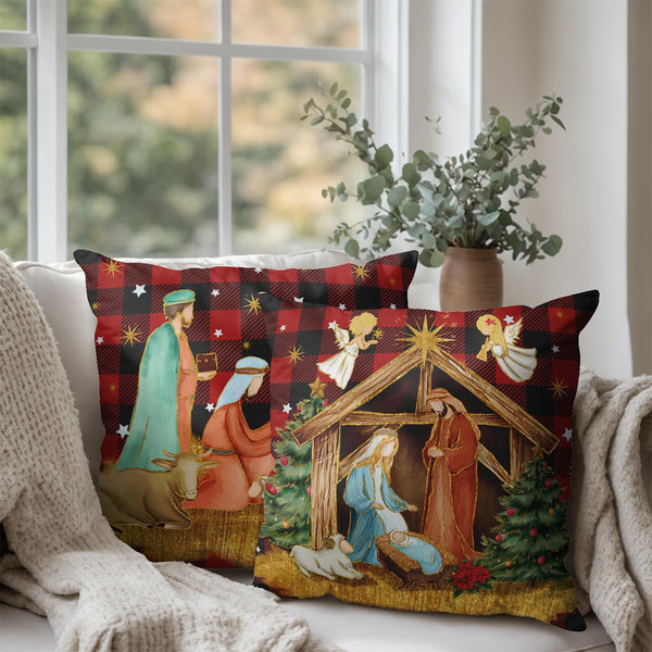 Christmas Holy Night Pillow Covers 18x18 Set of 2 Nativity Angel Red Buffalo Plaid Throw Pillow Cases