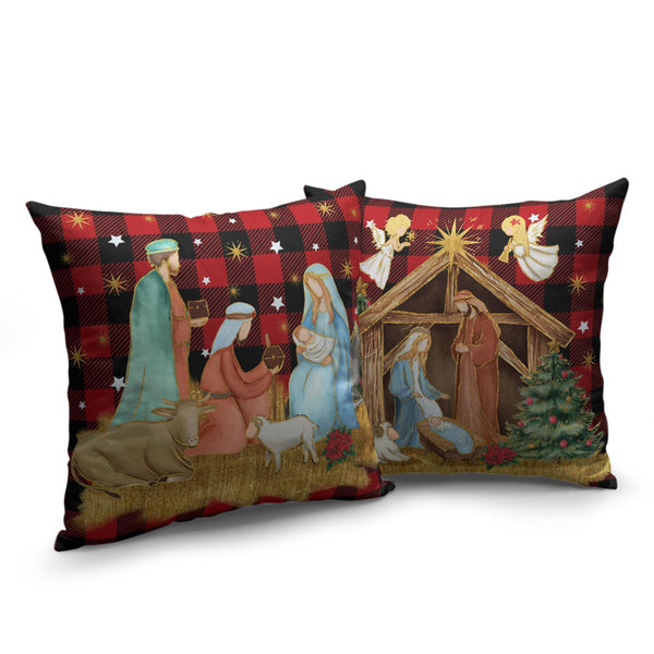 Christmas Holy Night Pillow Covers 18x18 Set of 2 Nativity Angel Red Buffalo Plaid Throw Pillow Cases
