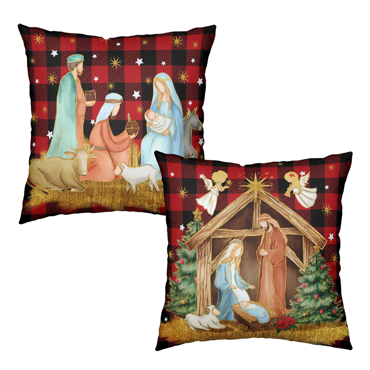 Christmas Holy Night Pillow Covers 18x18 Set of 2 Nativity Angel Red Buffalo Plaid Throw Pillow Cases