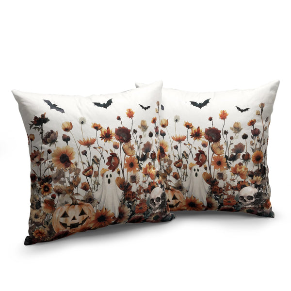 Halloween Throw Pillow Covers 18x18 Set of 2 Burnt Orange Floral Pumpkin Ghost Bat Skull Pillow Cases