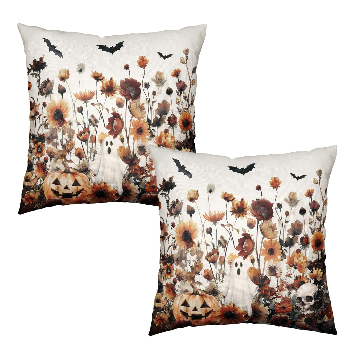 Halloween Throw Pillow Covers 18x18 Set of 2 Burnt Orange Floral Pumpkin Ghost Bat Skull Pillow Cases