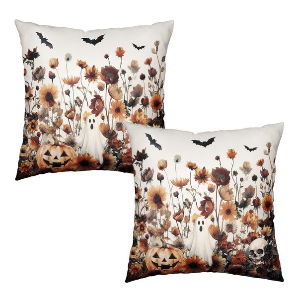 Halloween Throw Pillow Covers 18x18 Set of 2 Burnt Orange Floral Pumpkin Ghost Bat Skull Pillow Cases