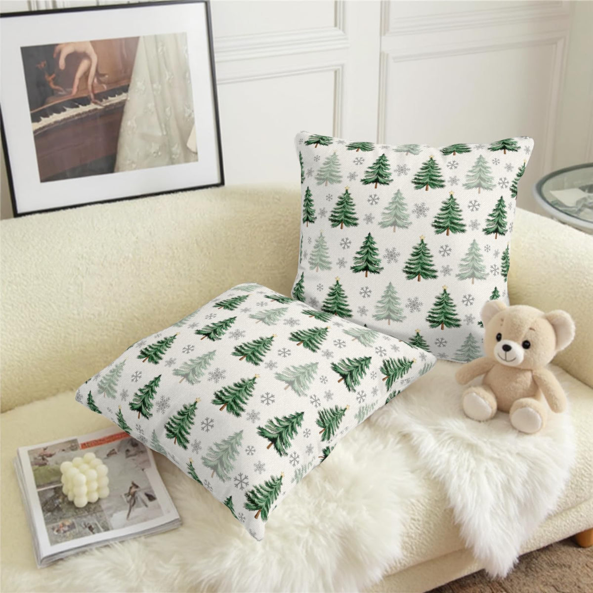 Christmas Tree Pillow Covers 18x18 Set of 2 Green Xmas Decorative Throw Pillow Cases Neutral