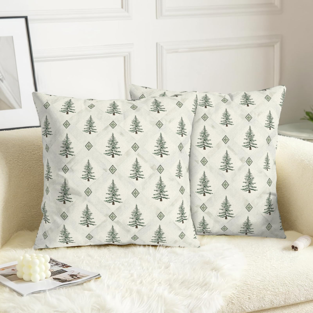 Green White Christmas Tree Pillow Covers 18x18 Set of 2 Xmas Boho Farmhouse Vintage Rustic Print