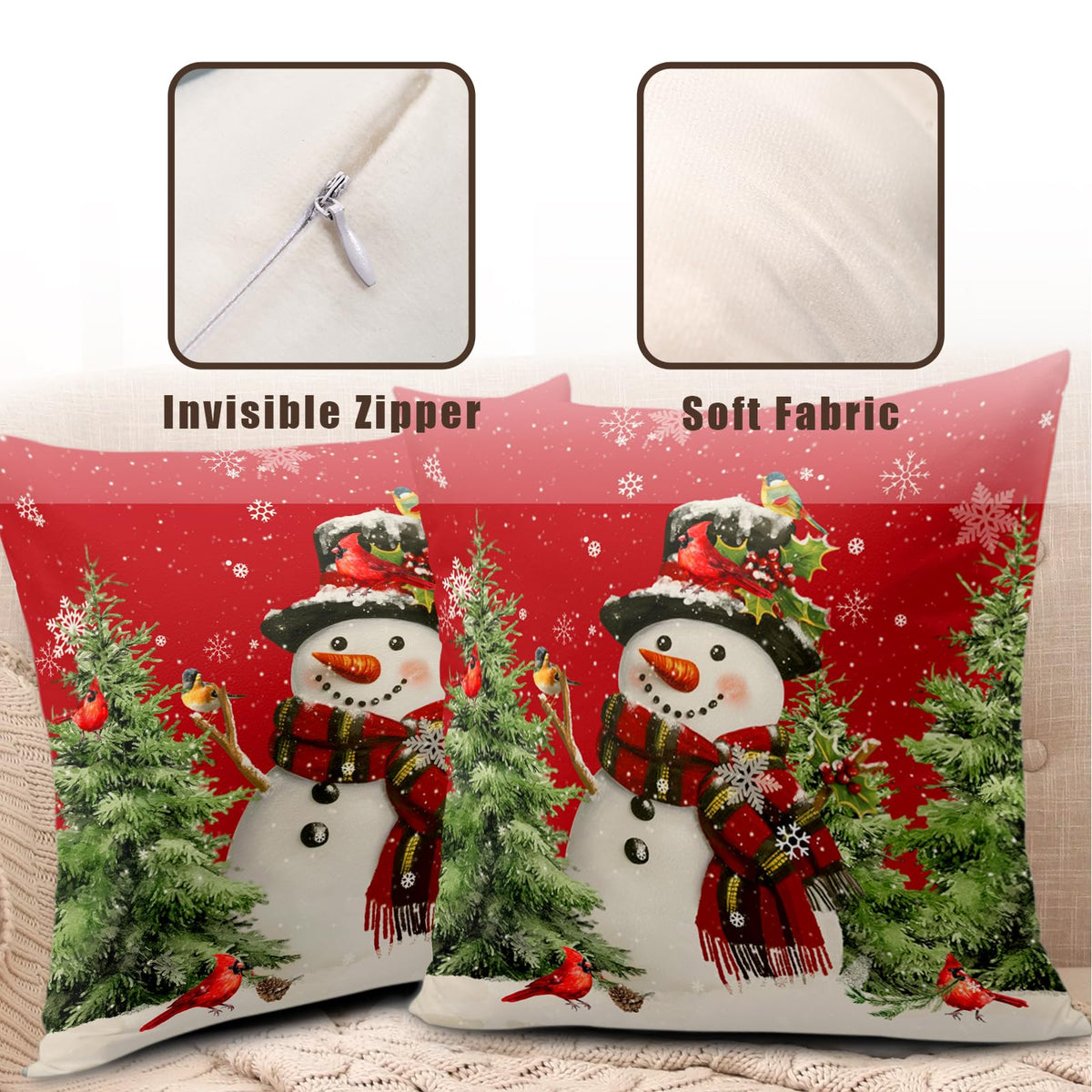 Snowman Christmas Red Throw Pillow Covers 18x18 Set of 2 Winter Snow Snowman Pine Tree
