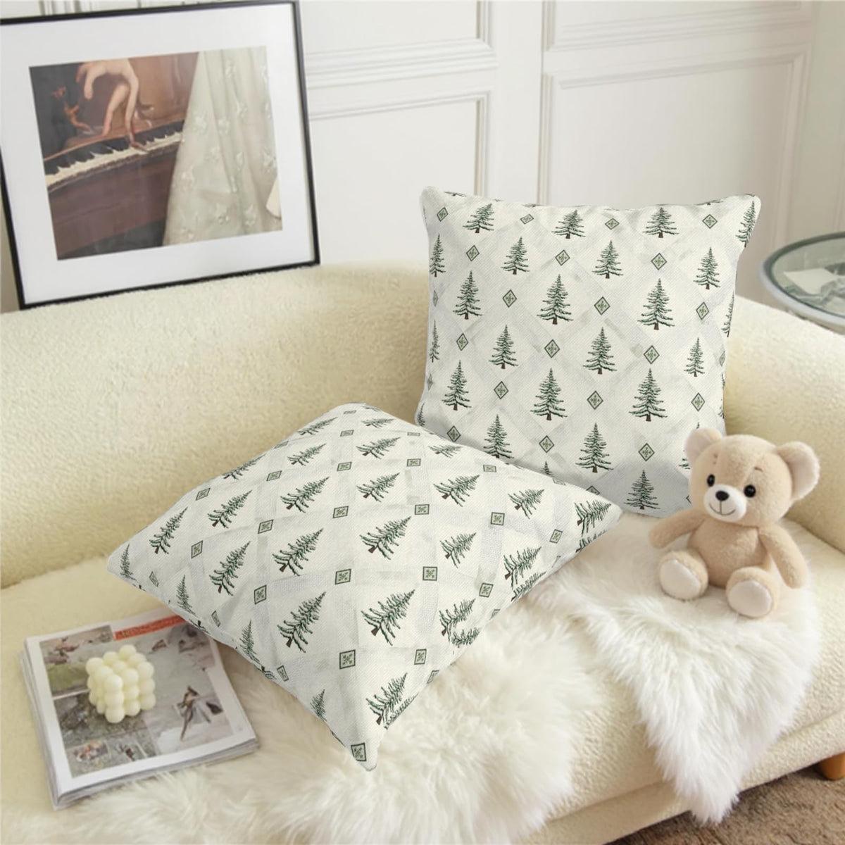 Green White Christmas Tree Pillow Covers 18x18 Set of 2 Xmas Boho Farmhouse Vintage Rustic Print