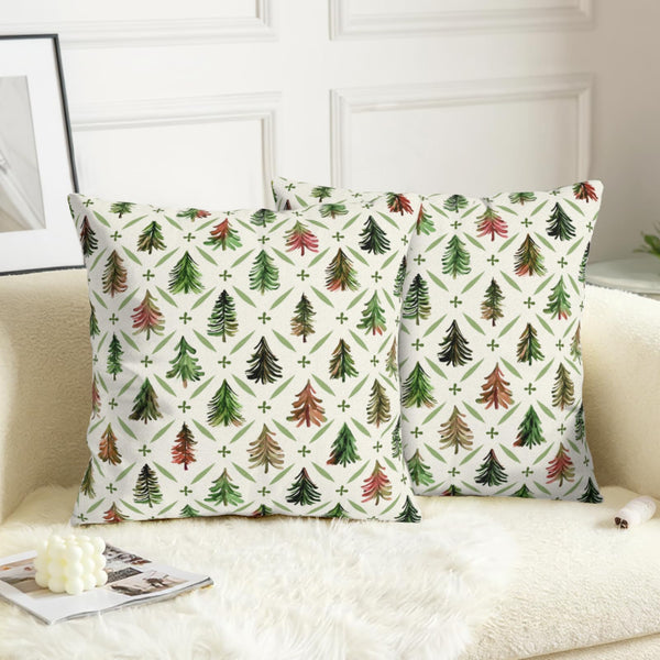 Christmas Throw Pillow Covers 18x18 Set of 2 Watercolor Green Red Xmas Tree Rustic Style Print