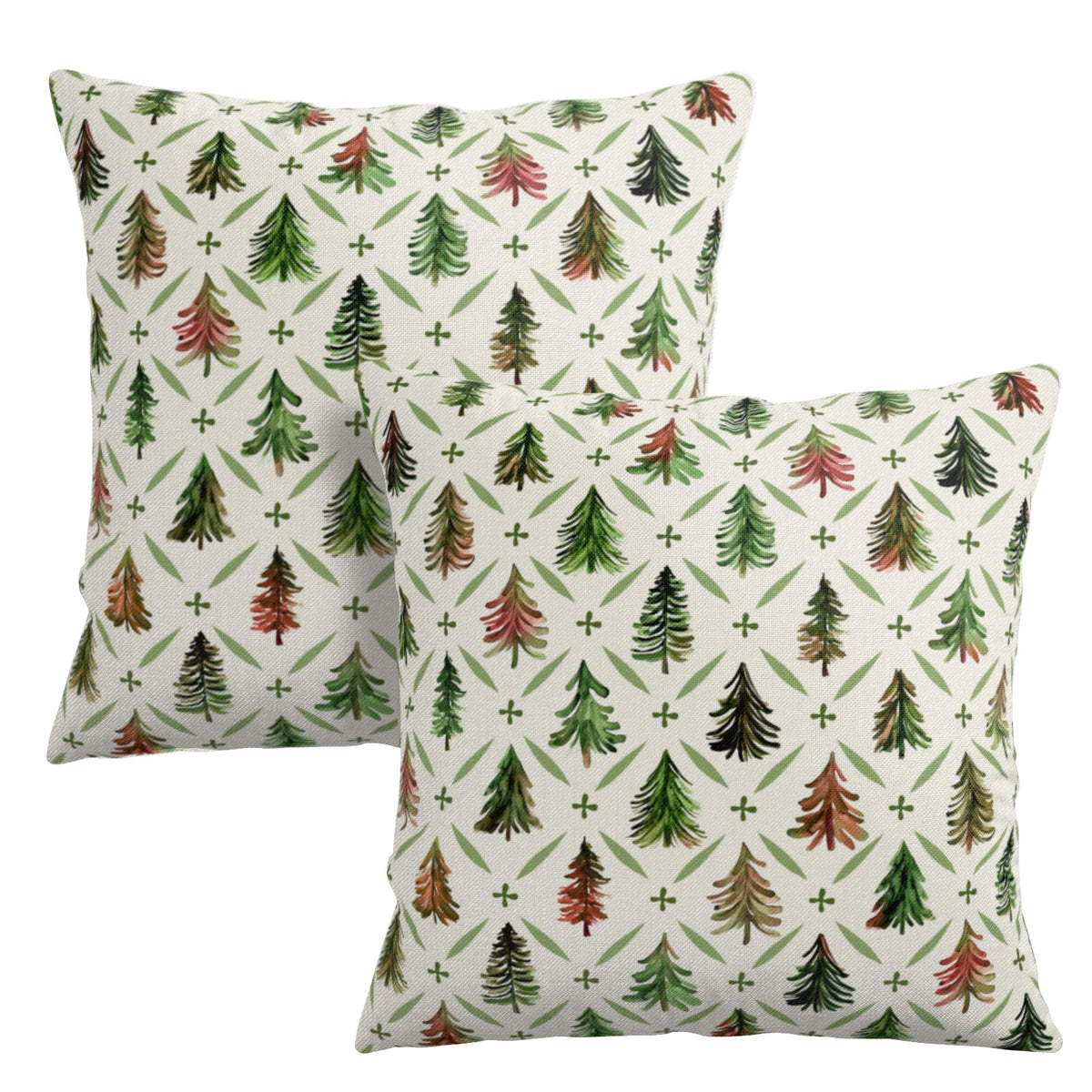 Christmas Throw Pillow Covers 18x18 Set of 2 Watercolor Green Red Xmas Tree Rustic Style Print