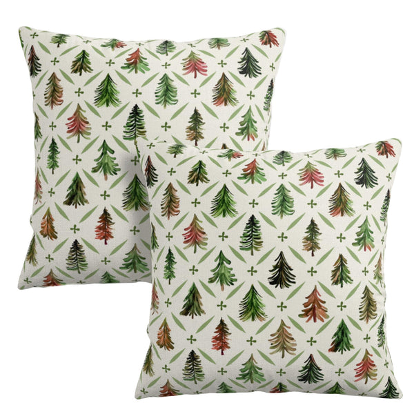 Christmas Throw Pillow Covers 18x18 Set of 2 Watercolor Green Red Xmas Tree Rustic Style Print