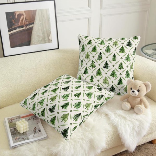 Christmas Tree Pillow Covers 18x18 Set of 2 Sage Green Xmas Farmhouse Print