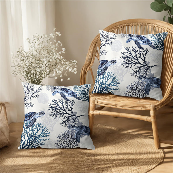 Nautical Coastal Outdoor Pillow Covers 18x18 Set of 2 Ocean Coral Sea Turtle Seashell Throw Pillow Covers