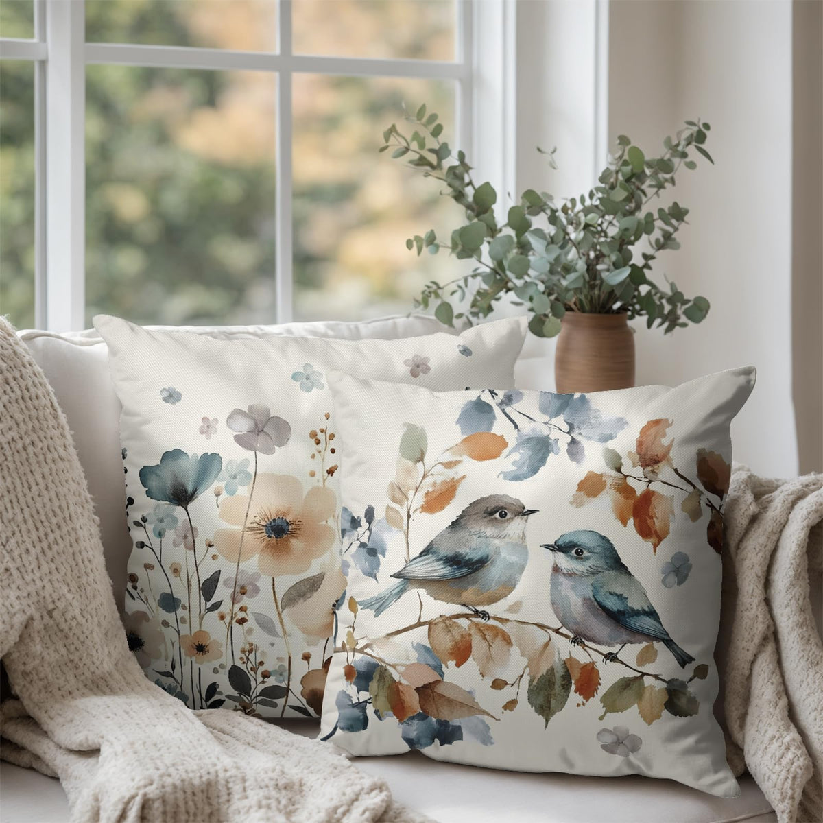 Fall Flower Bird Chinoiserie Pillow Covers 18x18 Set of 2 Burnt Orange and Blue Flowers Leaves Decorative