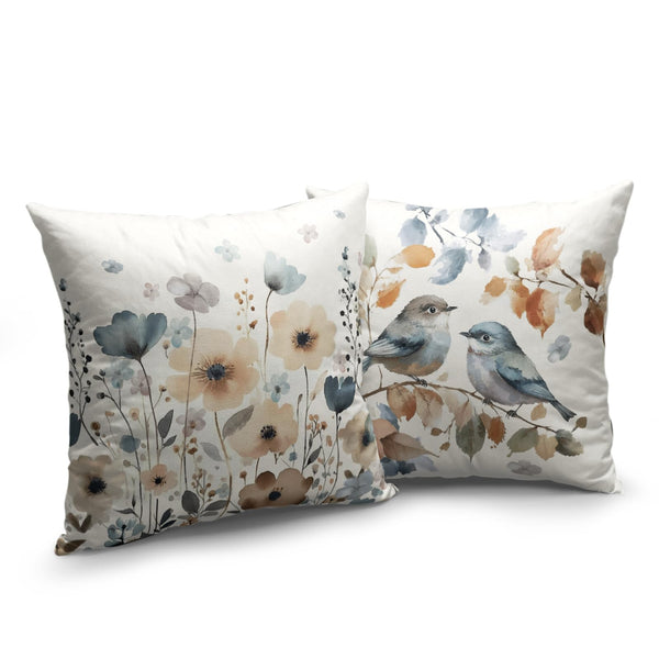 Fall Flower Bird Chinoiserie Pillow Covers 18x18 Set of 2 Burnt Orange and Blue Flowers Leaves Decorative