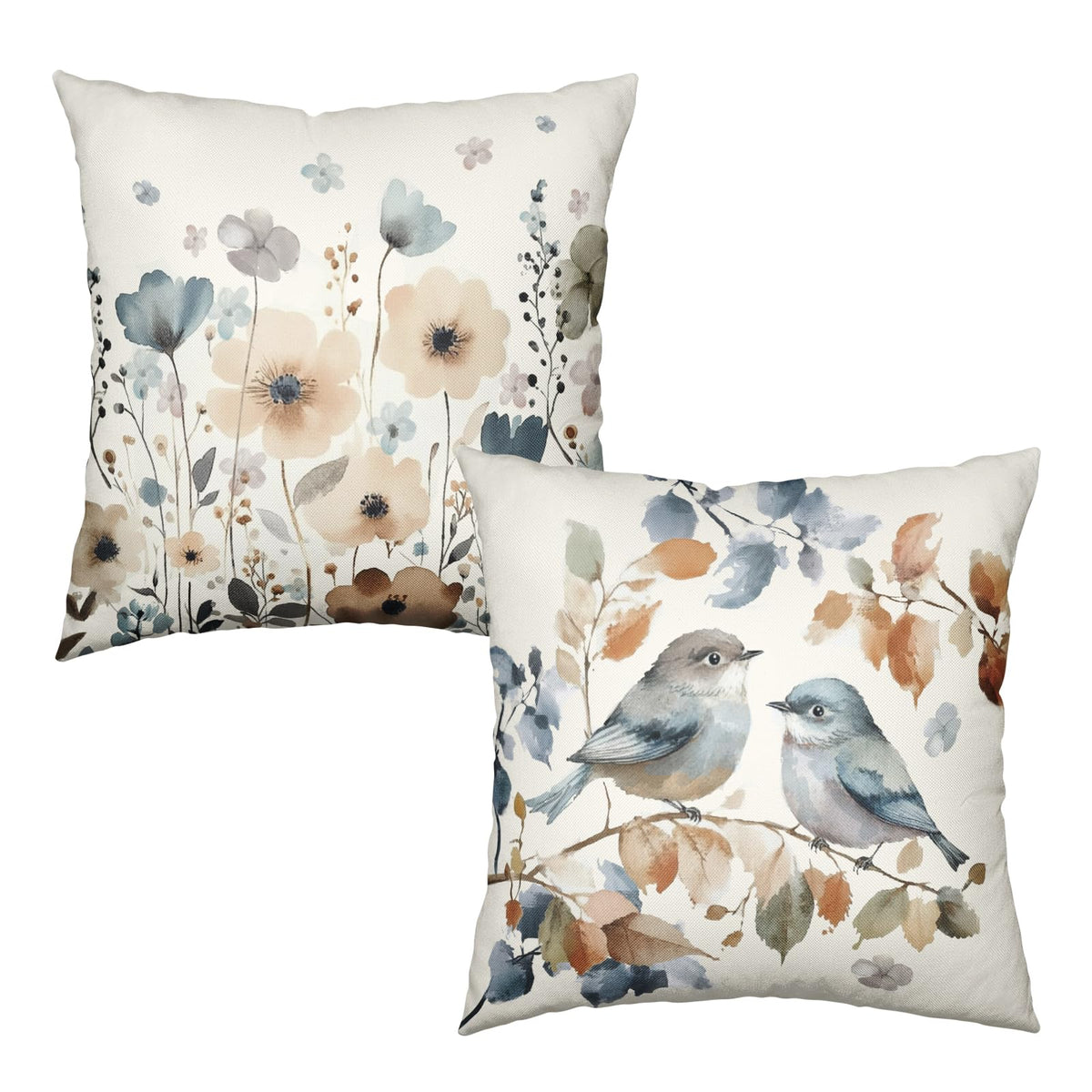 Fall Flower Bird Chinoiserie Pillow Covers 18x18 Set of 2 Burnt Orange and Blue Flowers Leaves Decorative