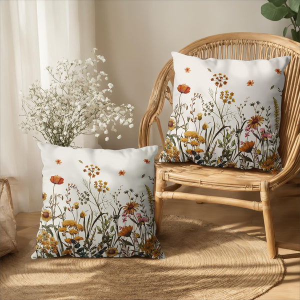 Fall Floral Pillow Covers 18x18 Set of 2 Burnt Orange Wild Flowers Throw Pillows Case Autumn
