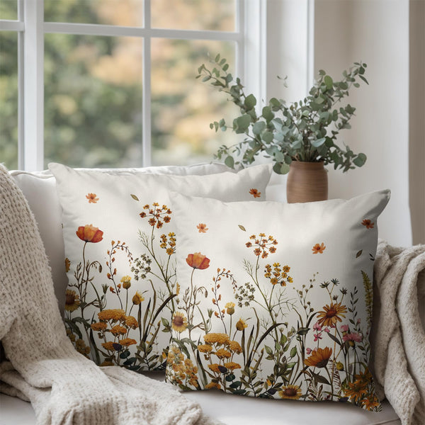 Fall Floral Pillow Covers 18x18 Set of 2 Burnt Orange Wild Flowers Throw Pillows Case Autumn