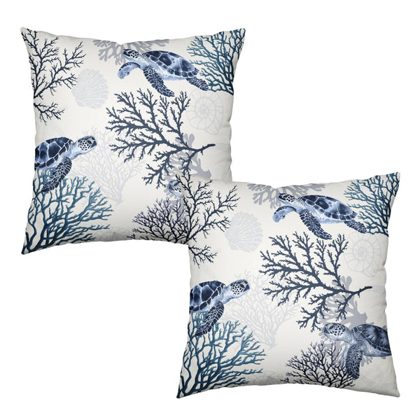 Nautical Coastal Outdoor Pillow Covers 18x18 Set of 2 Ocean Coral Sea Turtle Seashell Throw Pillow Covers