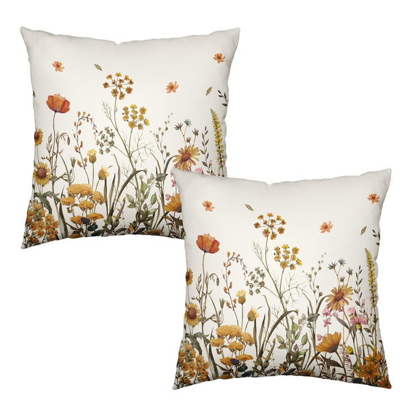 Fall Floral Pillow Covers 18x18 Set of 2 Burnt Orange Wild Flowers Throw Pillows Case Autumn